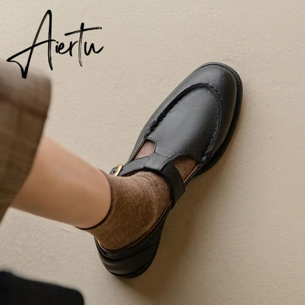 Aiertu NEW Spring Women's Pumps Genuine Leather Shoes for Women Round Toe Chunky Heel Shoes Retro Low Heel Mary Janes Retro Brown Shoes Aiertu