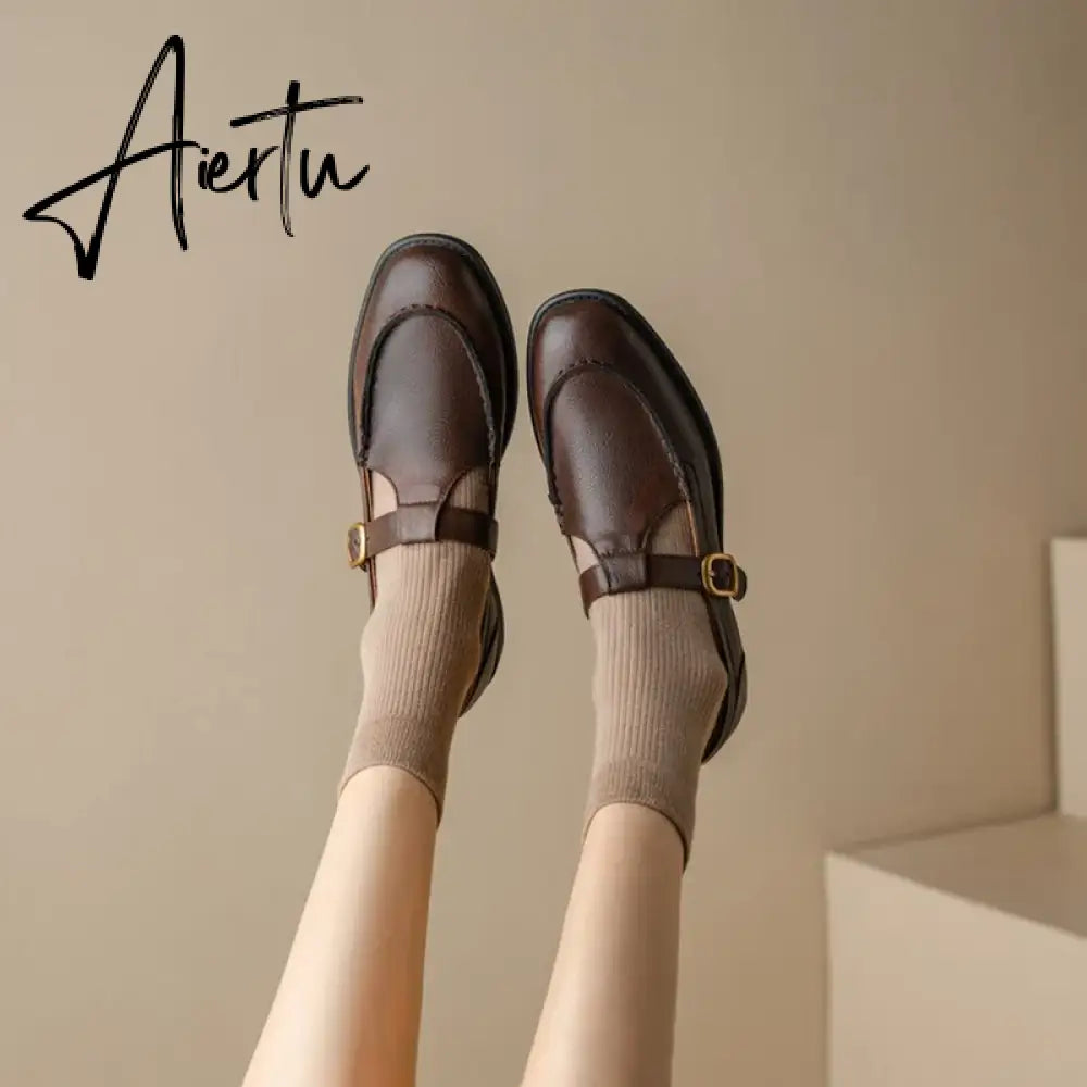 Aiertu NEW Spring Women's Pumps Genuine Leather Shoes for Women Round Toe Chunky Heel Shoes Retro Low Heel Mary Janes Retro Brown Shoes Aiertu