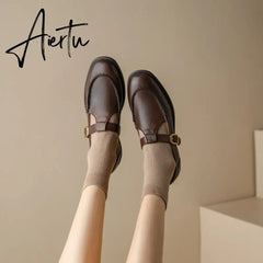 Aiertu NEW Spring Women's Pumps Genuine Leather Shoes for Women Round Toe Chunky Heel Shoes Retro Low Heel Mary Janes Retro Brown Shoes Aiertu