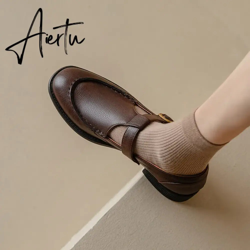 Aiertu NEW Spring Women's Pumps Genuine Leather Shoes for Women Round Toe Chunky Heel Shoes Retro Low Heel Mary Janes Retro Brown Shoes Aiertu