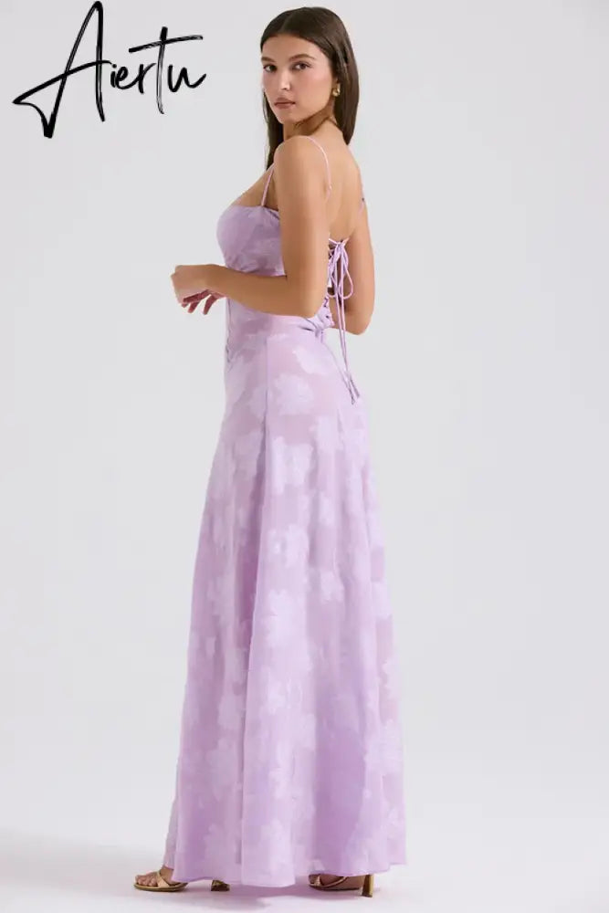 Aiertu New Summer Elegant Maxi Dress 2024 New Arrival Purple Spaghetti Strap Wedding Guest Dress Lace Up Party Dresses Aiertu