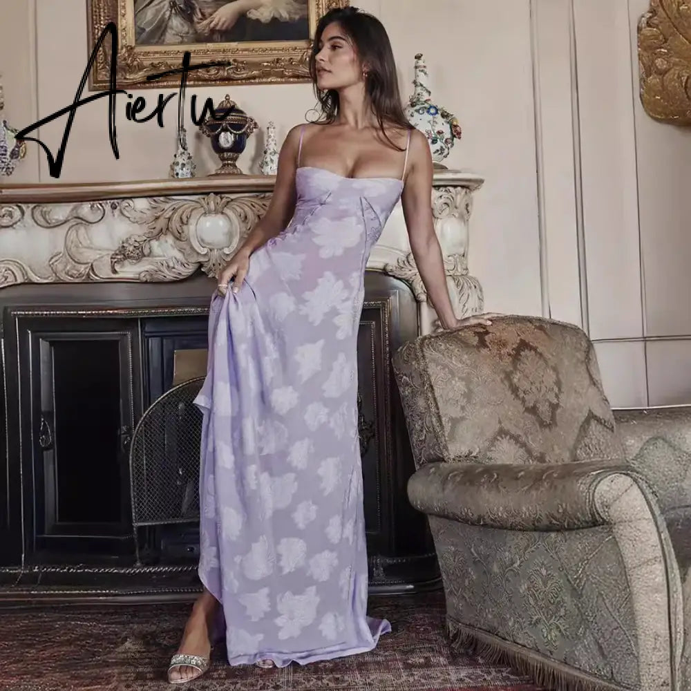Aiertu New Summer Elegant Maxi Dress 2024 New Arrival Purple Spaghetti Strap Wedding Guest Dress Lace Up Party Dresses Aiertu