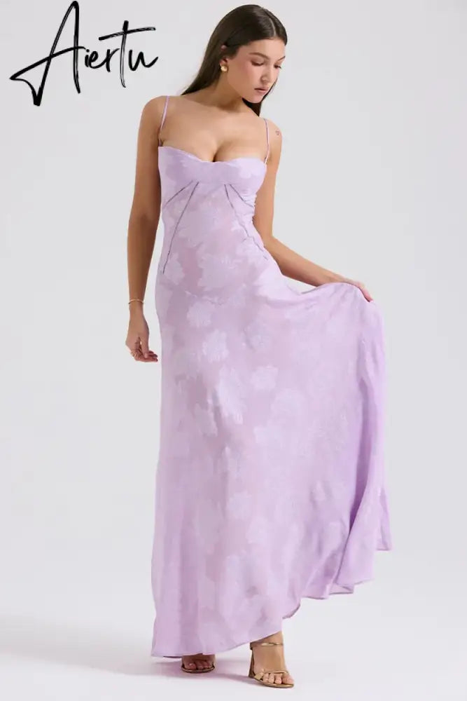 Aiertu New Summer Elegant Maxi Dress 2024 New Arrival Purple Spaghetti Strap Wedding Guest Dress Lace Up Party Dresses Aiertu