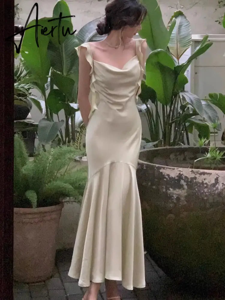 Aiertu New Summer French Fashion Women Spaghetti Strap Elegant Long Mermaid Ruffles Dresses Evening Party Prom Clothes Aiertu
