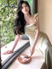 Aiertu New Summer French Fashion Women Spaghetti Strap Elegant Long Mermaid Ruffles Dresses Evening Party Prom Clothes Aiertu