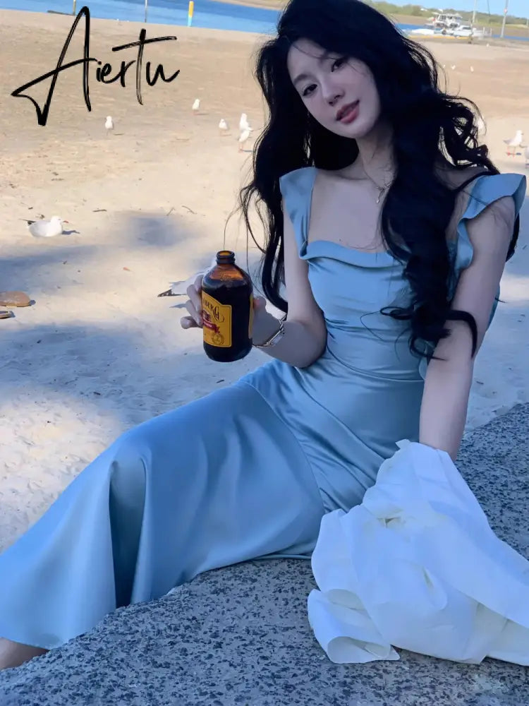 Aiertu New Summer French Fashion Women Spaghetti Strap Elegant Long Mermaid Ruffles Dresses Evening Party Prom Clothes Aiertu