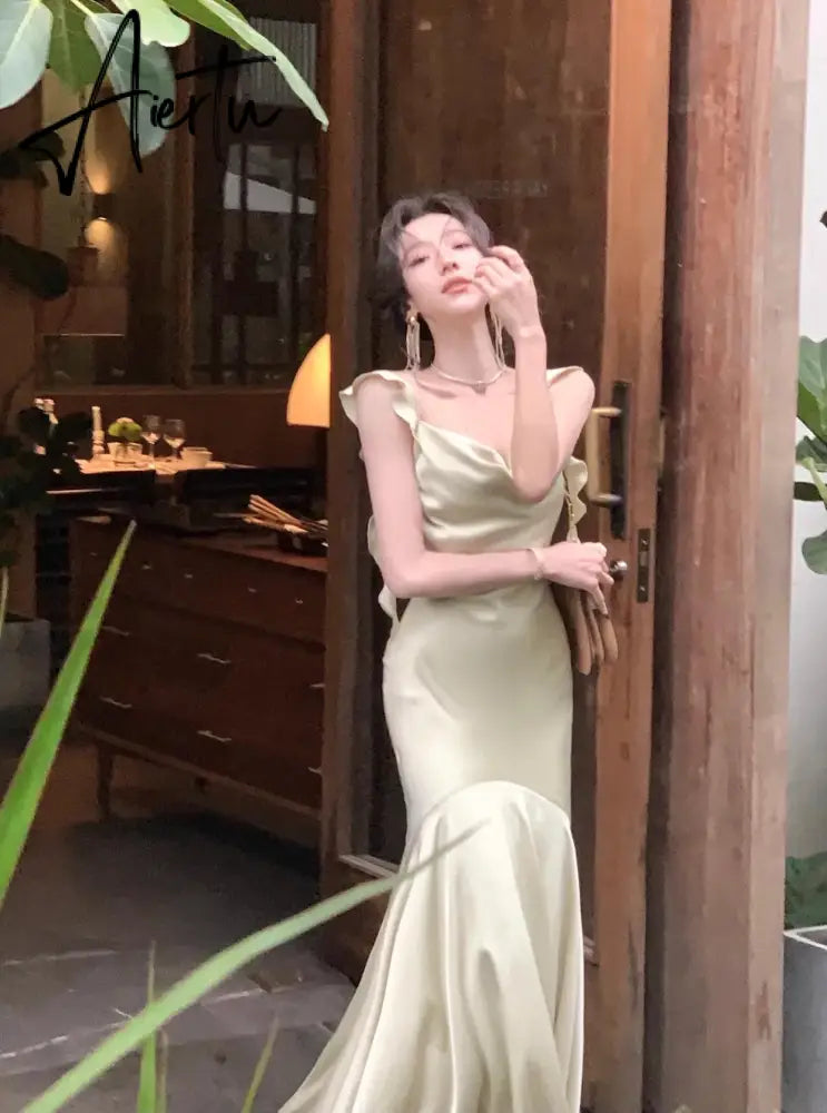 Aiertu New Summer French Fashion Women Spaghetti Strap Elegant Long Mermaid Ruffles Dresses Evening Party Prom Clothes Aiertu
