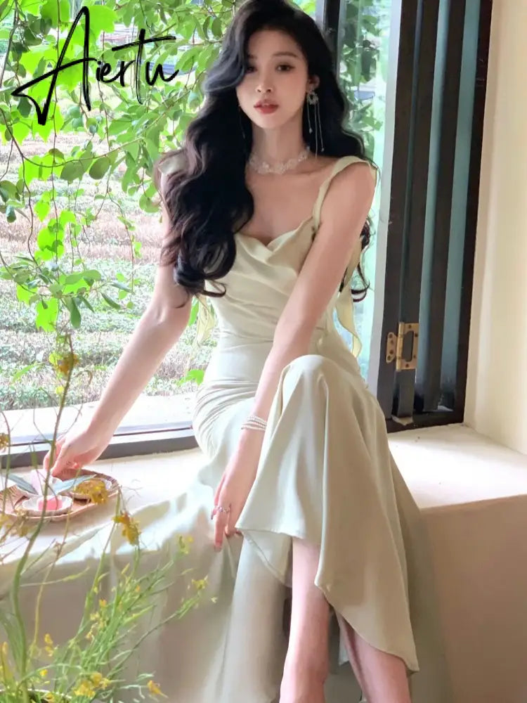 Aiertu New Summer French Fashion Women Spaghetti Strap Elegant Long Mermaid Ruffles Dresses Evening Party Prom Clothes Aiertu