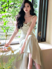 Aiertu New Summer French Fashion Women Spaghetti Strap Elegant Long Mermaid Ruffles Dresses Evening Party Prom Clothes Aiertu