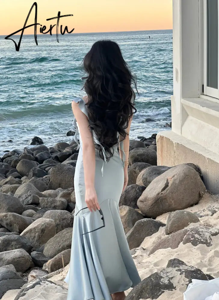 Aiertu New Summer French Fashion Women Spaghetti Strap Elegant Long Mermaid Ruffles Dresses Evening Party Prom Clothes Aiertu