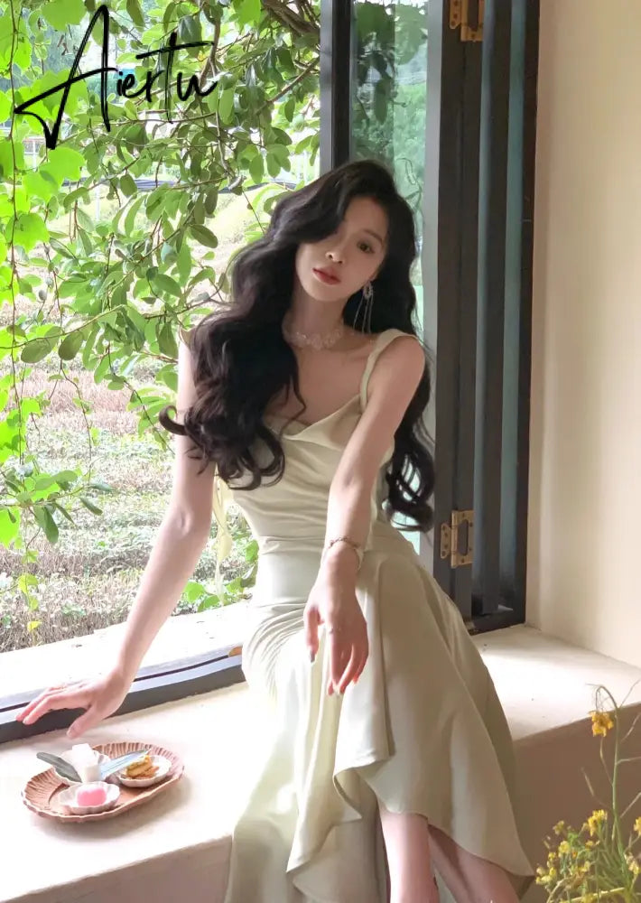 Aiertu New Summer French Fashion Women Spaghetti Strap Elegant Long Mermaid Ruffles Dresses Evening Party Prom Clothes Aiertu