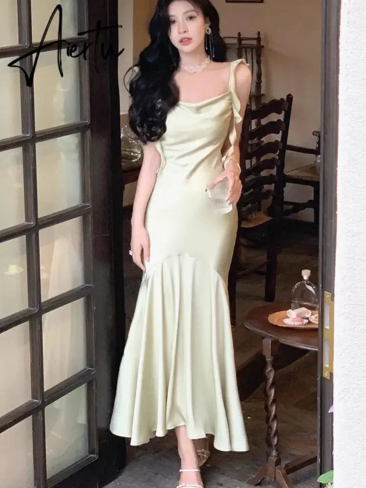 Aiertu New Summer French Fashion Women Spaghetti Strap Elegant Long Mermaid Ruffles Dresses Evening Party Prom Clothes Aiertu