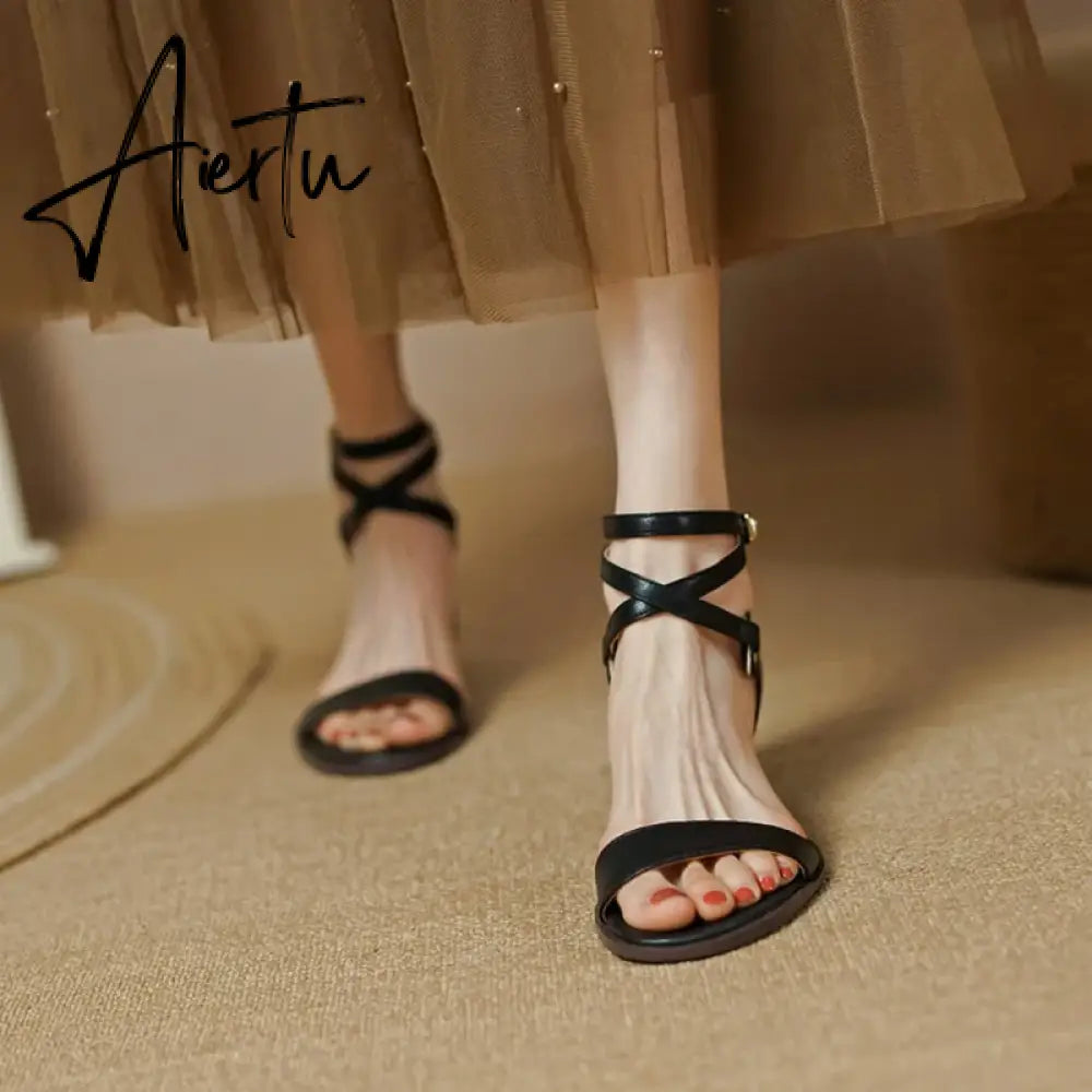Aiertu NEW Summer Shoes Women Round Toe Chunky Heel Sandals Women Cow Leather Solid Cover Heel Shoes for Women Beige/Black Chic Shoes Aiertu