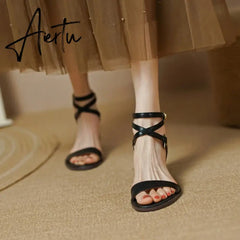 Aiertu NEW Summer Shoes Women Round Toe Chunky Heel Sandals Women Cow Leather Solid Cover Heel Shoes for Women Beige/Black Chic Shoes Aiertu