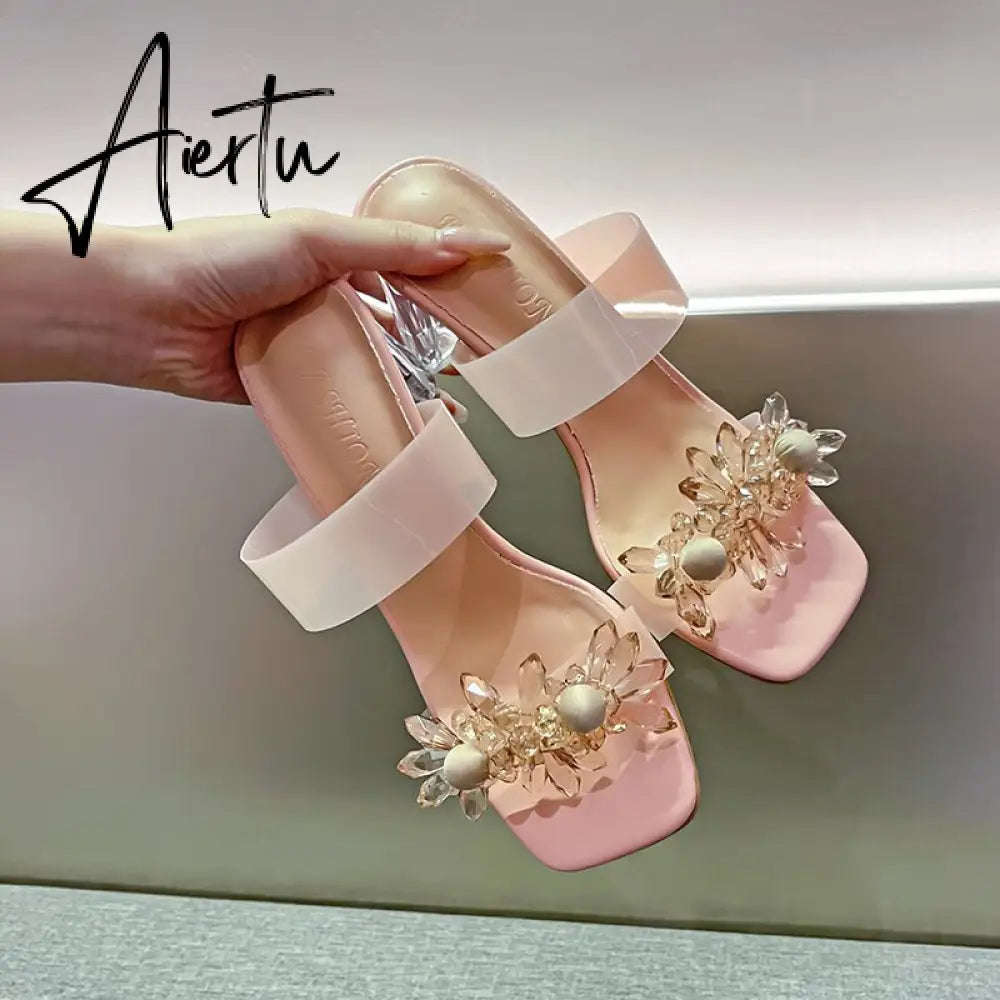 Aiertu New Summer Transparent Slippers Women Fashion Open Toe Crystal Wedges High Heels Female Slides Flower Sandals for Womens Aiertu