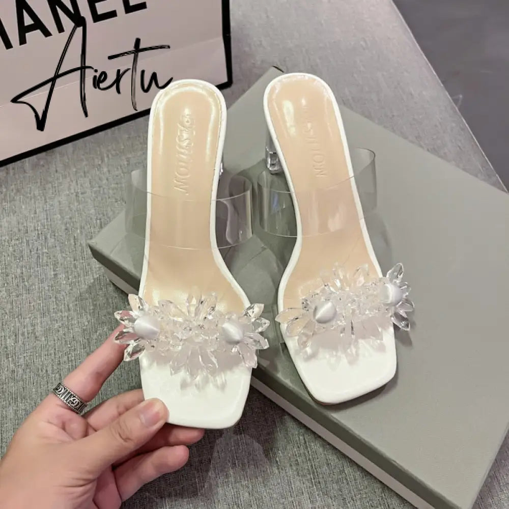 Aiertu New Summer Transparent Slippers Women Fashion Open Toe Crystal Wedges High Heels Female Slides Flower Sandals for Womens Aiertu
