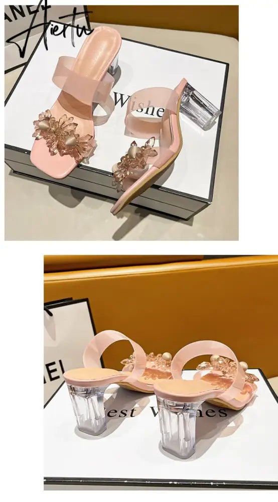 Aiertu New Summer Transparent Slippers Women Fashion Open Toe Crystal Wedges High Heels Female Slides Flower Sandals for Womens Aiertu