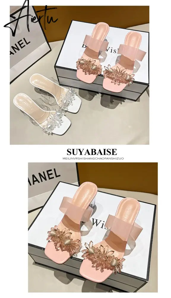 Aiertu New Summer Transparent Slippers Women Fashion Open Toe Crystal Wedges High Heels Female Slides Flower Sandals for Womens Aiertu