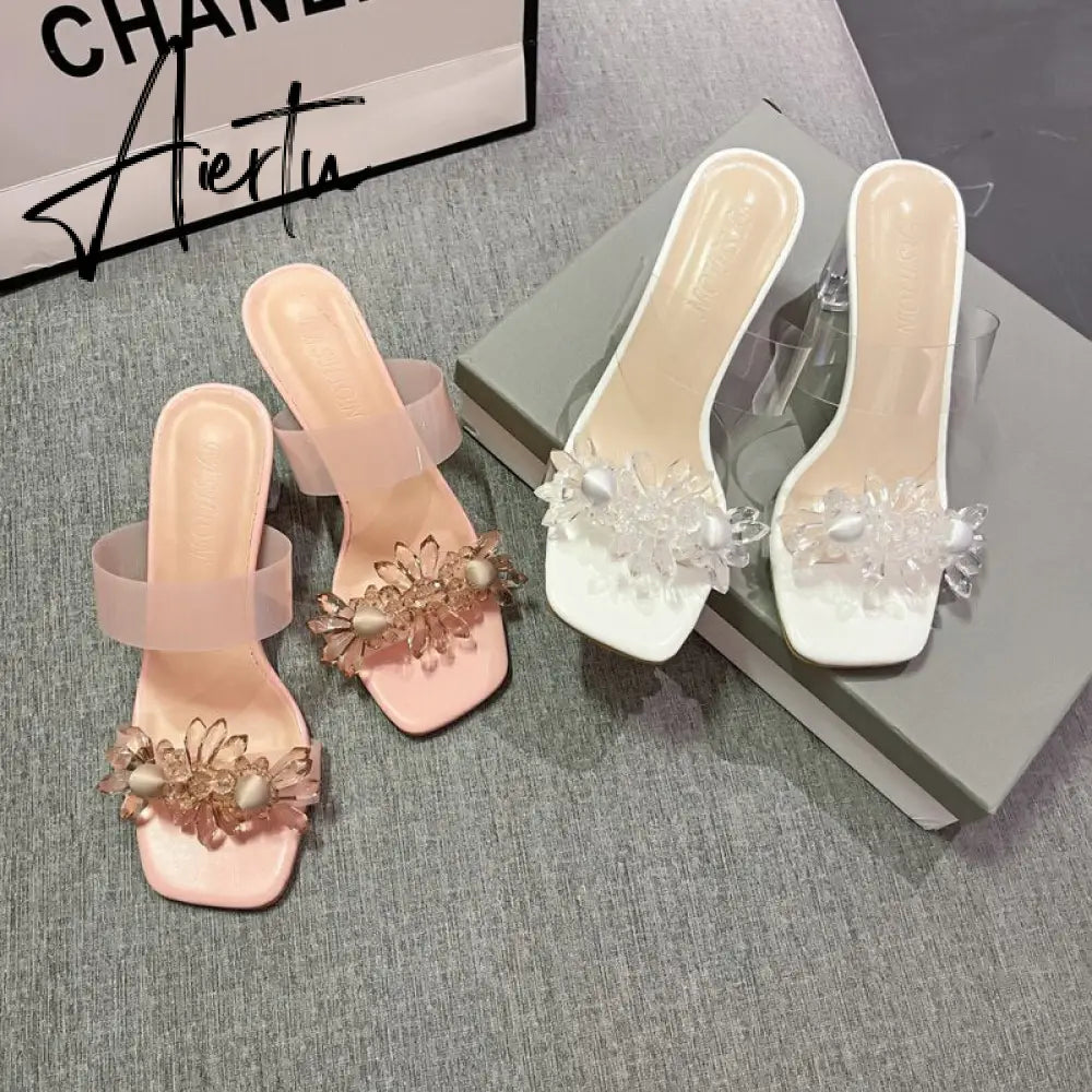 Aiertu New Summer Transparent Slippers Women Fashion Open Toe Crystal Wedges High Heels Female Slides Flower Sandals for Womens Aiertu