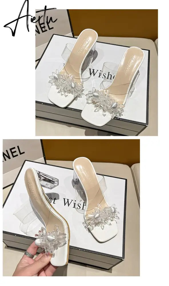 Aiertu New Summer Transparent Slippers Women Fashion Open Toe Crystal Wedges High Heels Female Slides Flower Sandals for Womens Aiertu