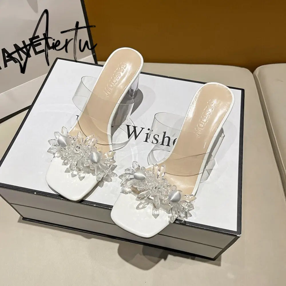 Aiertu New Summer Transparent Slippers Women Fashion Open Toe Crystal Wedges High Heels Female Slides Flower Sandals for Womens Aiertu