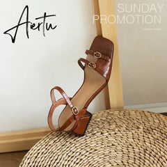 Aiertu New Summer Women's Sandals Genuine Leather Buckle Strap Women Shoes size 33-40 Solid Concise Ankle-Wrap Party Ladies Shoes Aiertu