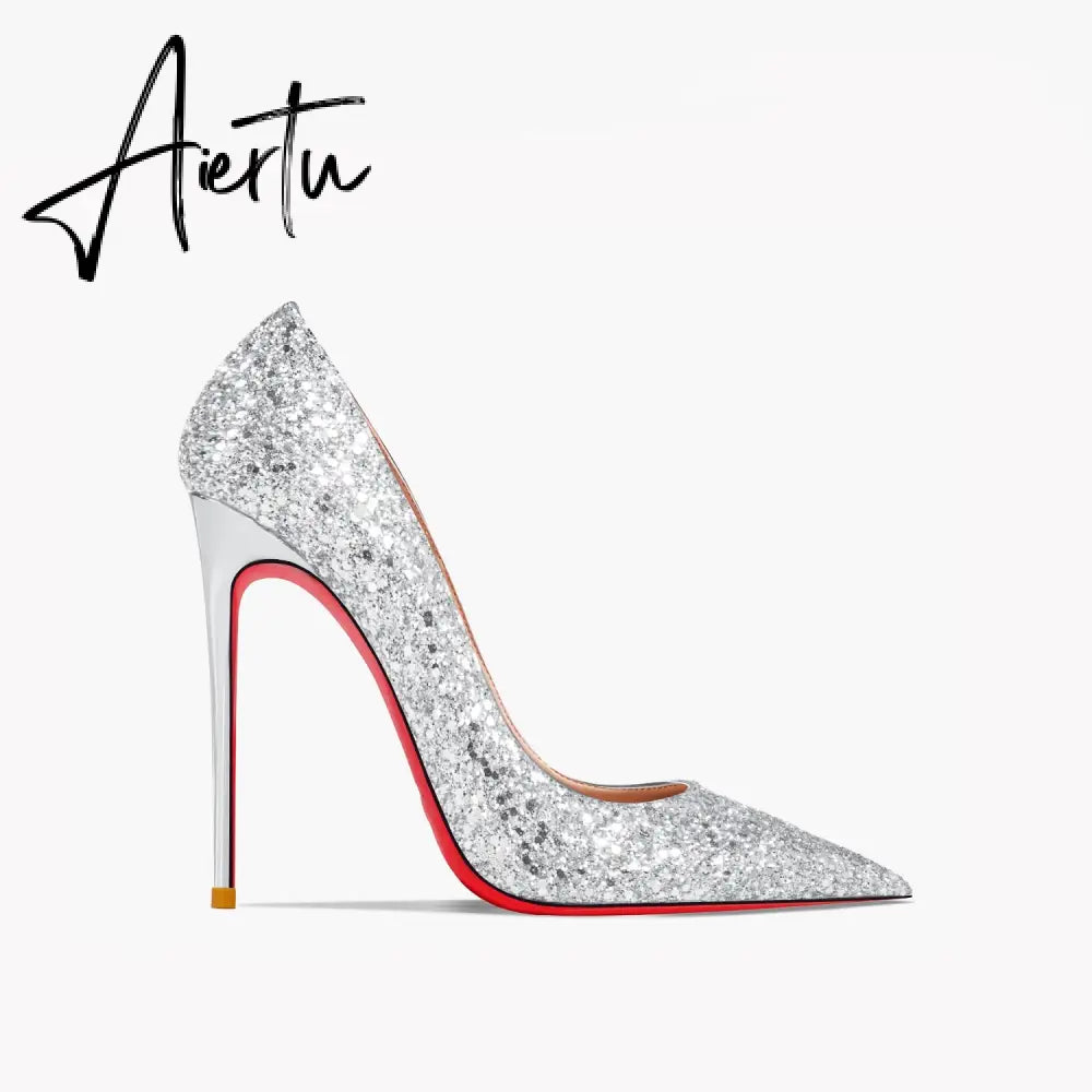 Aiertu New Super Pointed Pumps Women's Thin Heels Black Silver Sequins Sexy Fashion Single Shoes Aiertu