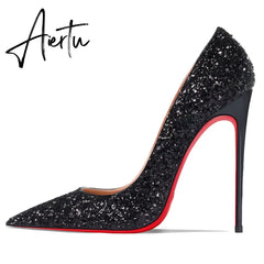 Aiertu New Super Pointed Pumps Women's Thin Heels Black Silver Sequins Sexy Fashion Single Shoes Aiertu