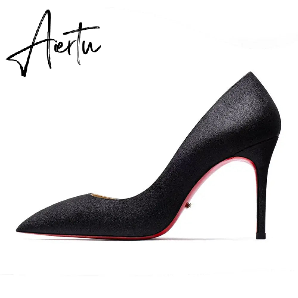 Aiertu New Super Pointed Pumps Women's Thin Heels Black Silver Sequins Sexy Fashion Single Shoes Aiertu