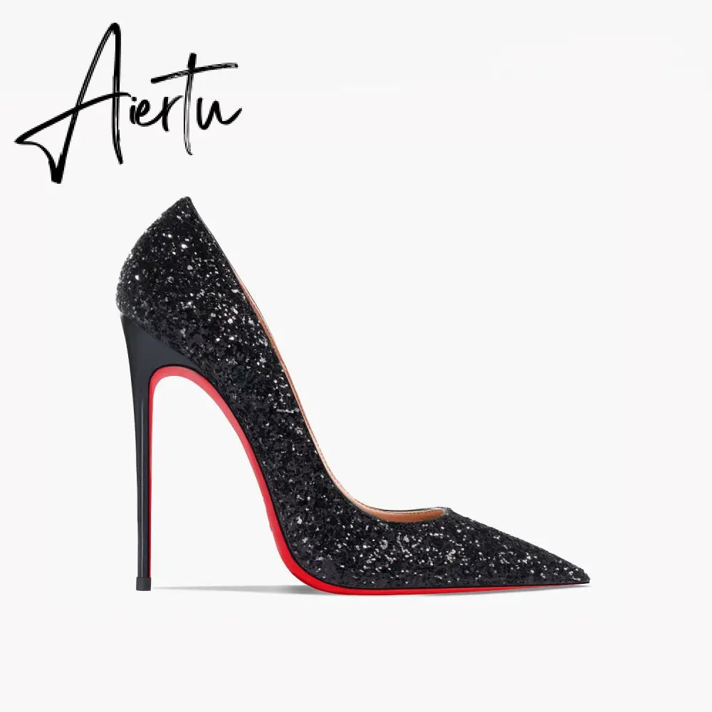 Aiertu New Super Pointed Pumps Women's Thin Heels Black Silver Sequins Sexy Fashion Single Shoes Aiertu
