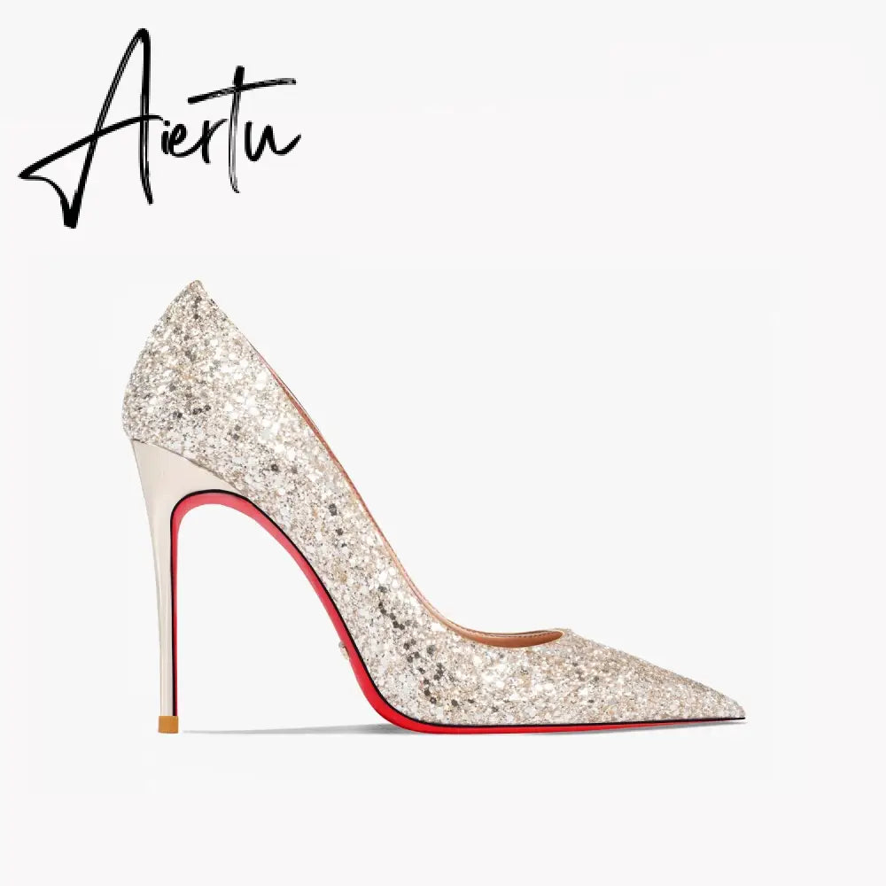 Aiertu New Super Pointed Pumps Women's Thin Heels Black Silver Sequins Sexy Fashion Single Shoes Aiertu