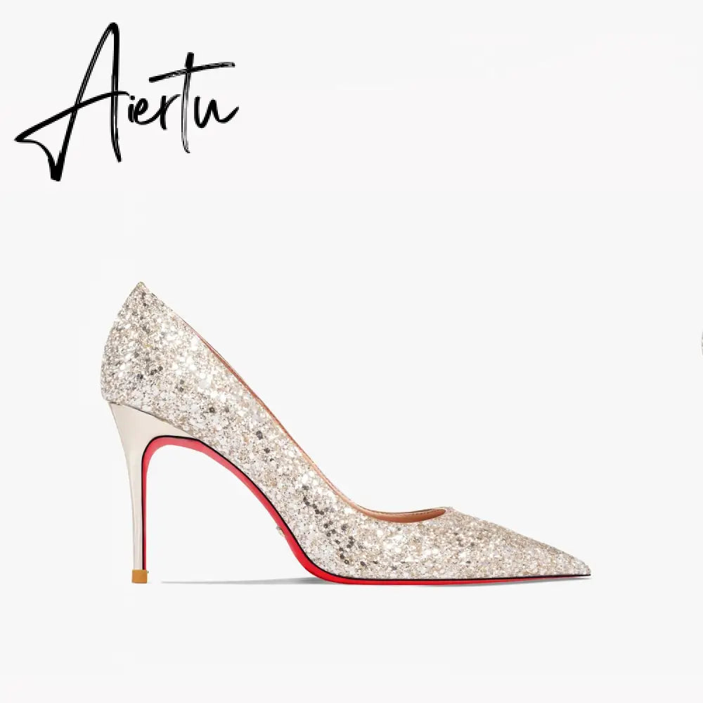 Aiertu New Super Pointed Pumps Women's Thin Heels Black Silver Sequins Sexy Fashion Single Shoes Aiertu