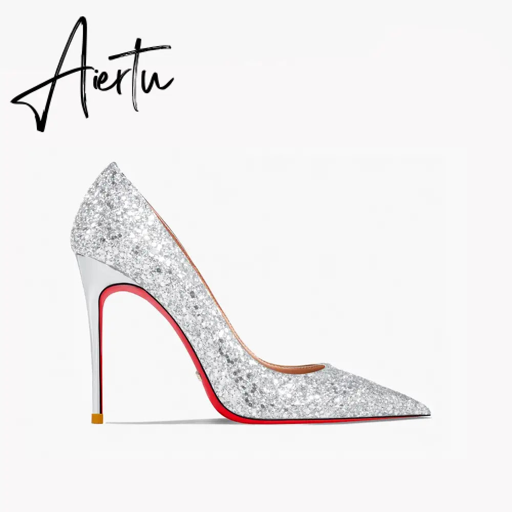 Aiertu New Super Pointed Pumps Women's Thin Heels Black Silver Sequins Sexy Fashion Single Shoes Aiertu