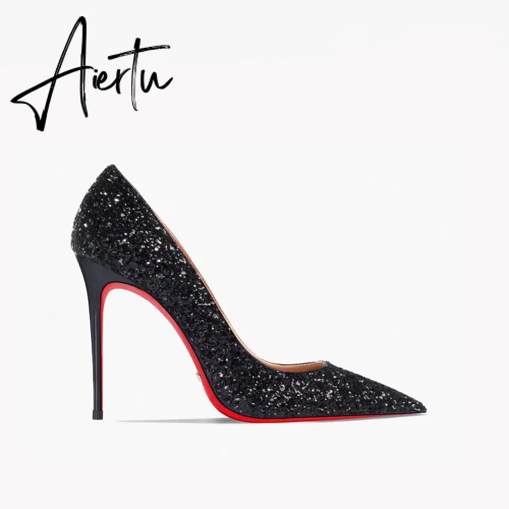 Aiertu New Super Pointed Pumps Women's Thin Heels Black Silver Sequins Sexy Fashion Single Shoes Aiertu