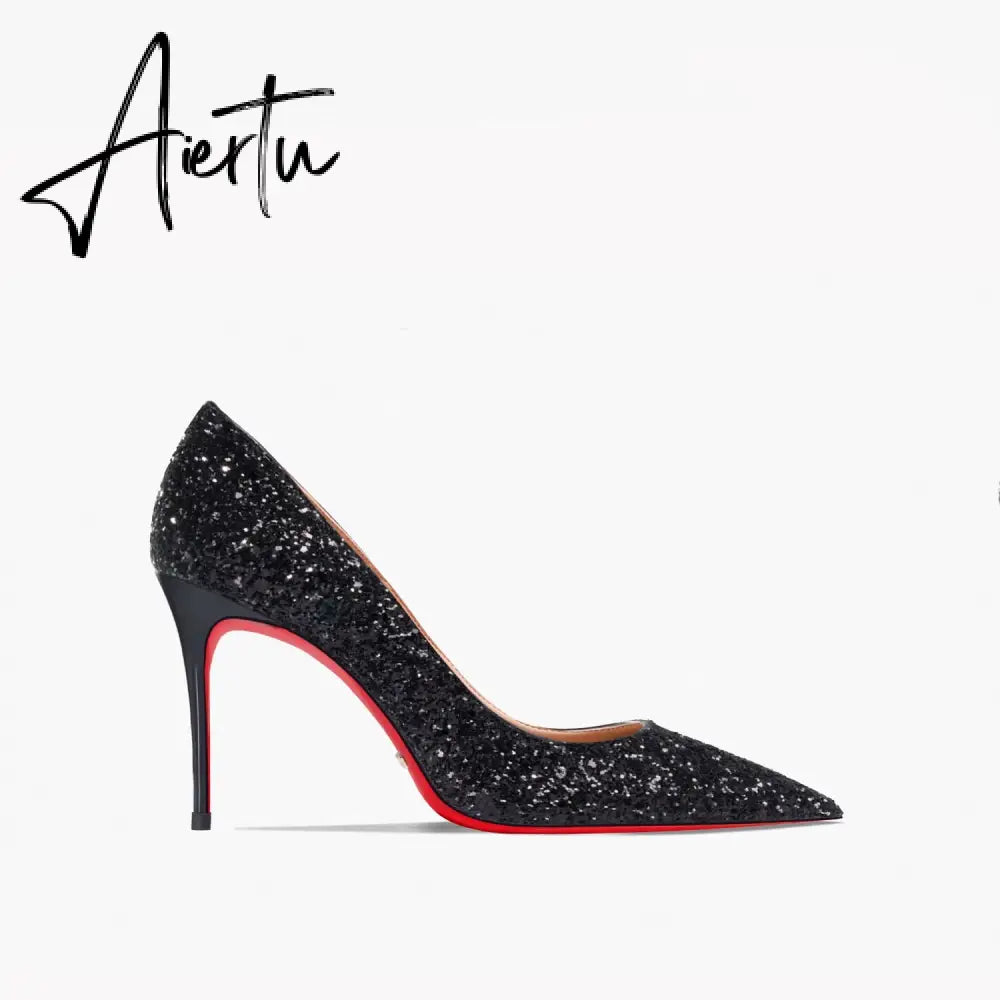 Aiertu New Super Pointed Pumps Women's Thin Heels Black Silver Sequins Sexy Fashion Single Shoes Aiertu