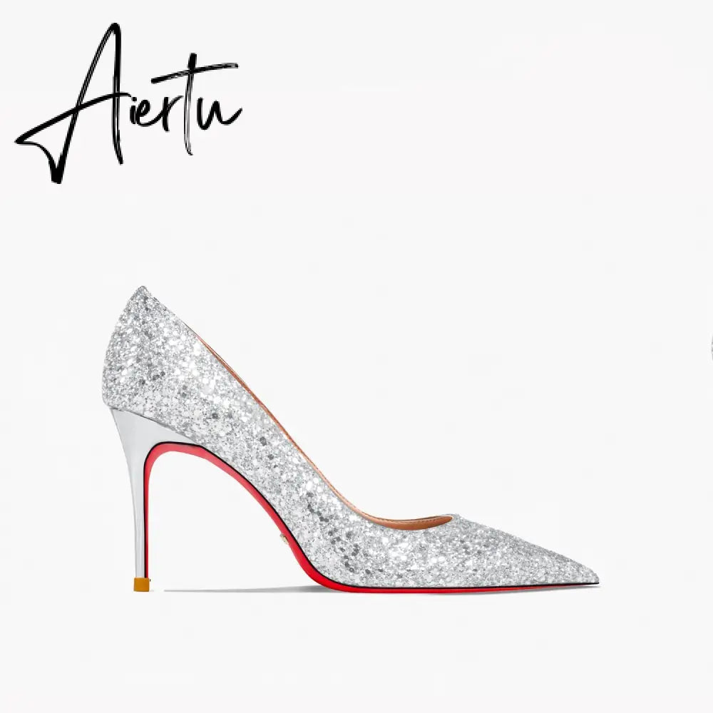 Aiertu New Super Pointed Pumps Women's Thin Heels Black Silver Sequins Sexy Fashion Single Shoes Aiertu