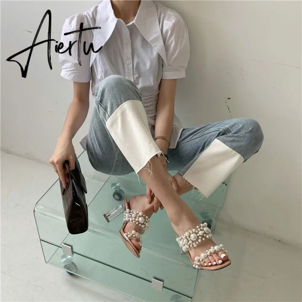 Aiertu New Transparent PVC String Bead Shoes Woman Fashion Open Toe Slippers Crystal Perspex Heels Slides Beach Sandale Femme Aiertu
