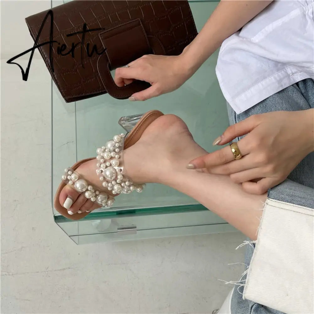 Aiertu New Transparent PVC String Bead Shoes Woman Fashion Open Toe Slippers Crystal Perspex Heels Slides Beach Sandale Femme Aiertu