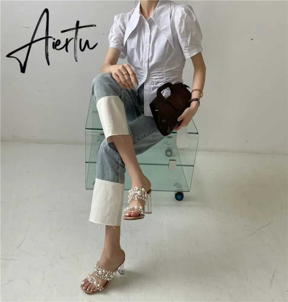 Aiertu New Transparent PVC String Bead Shoes Woman Fashion Open Toe Slippers Crystal Perspex Heels Slides Beach Sandale Femme Aiertu