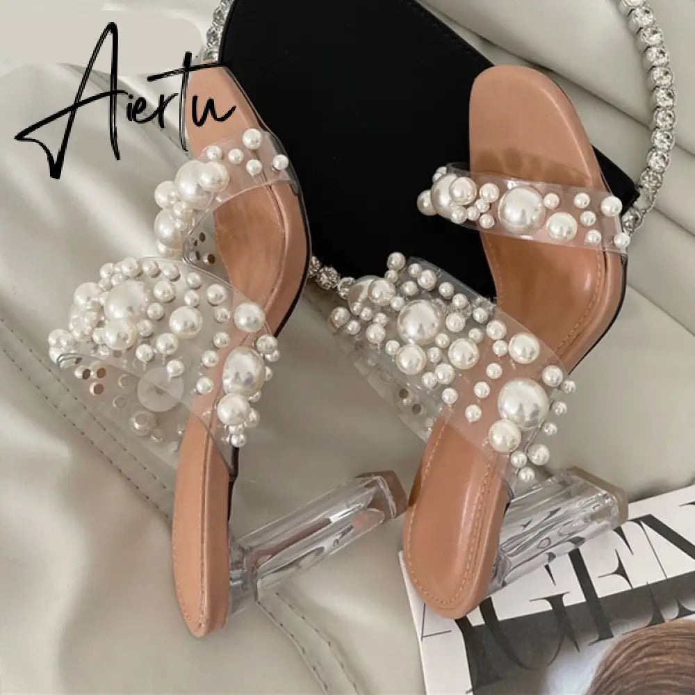 Aiertu New Transparent PVC String Bead Shoes Woman Fashion Open Toe Slippers Crystal Perspex Heels Slides Beach Sandale Femme Aiertu