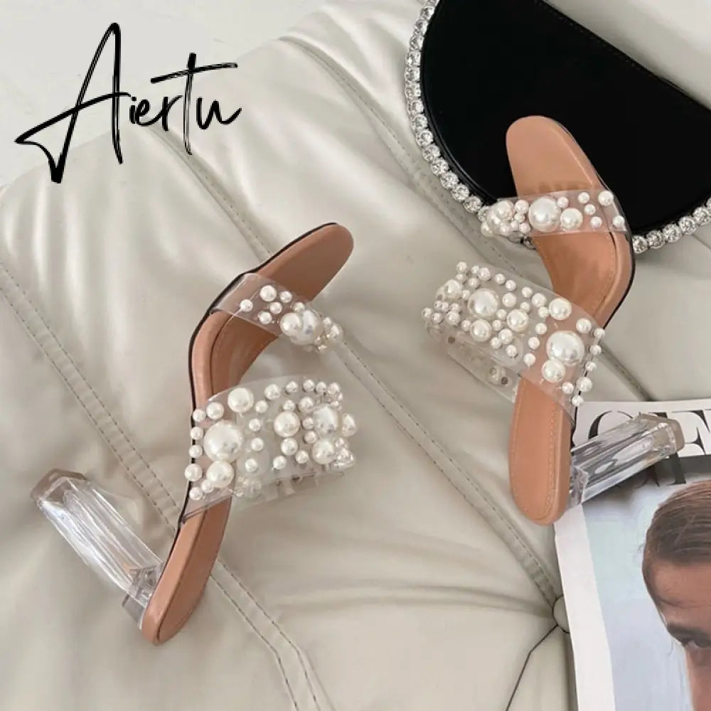 Aiertu New Transparent PVC String Bead Shoes Woman Fashion Open Toe Slippers Crystal Perspex Heels Slides Beach Sandale Femme Aiertu