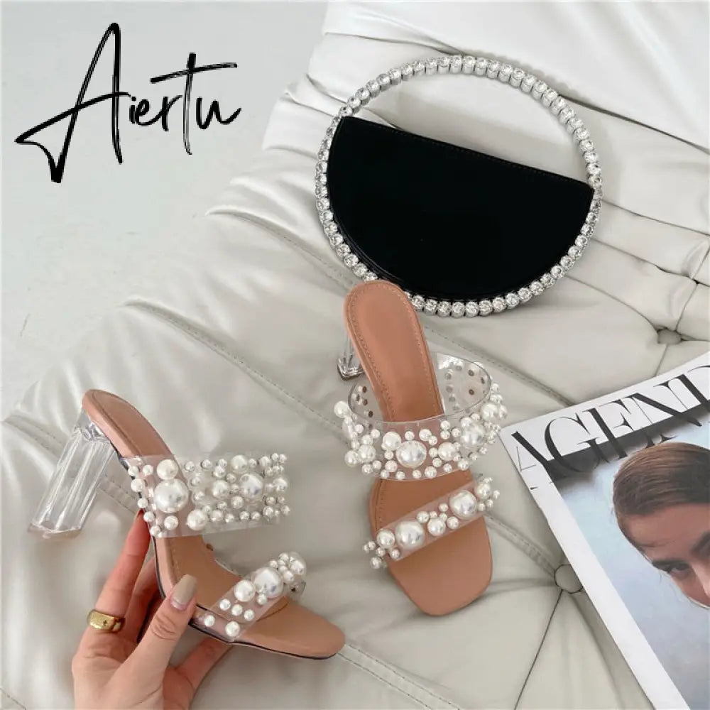 Aiertu New Transparent PVC String Bead Shoes Woman Fashion Open Toe Slippers Crystal Perspex Heels Slides Beach Sandale Femme Aiertu