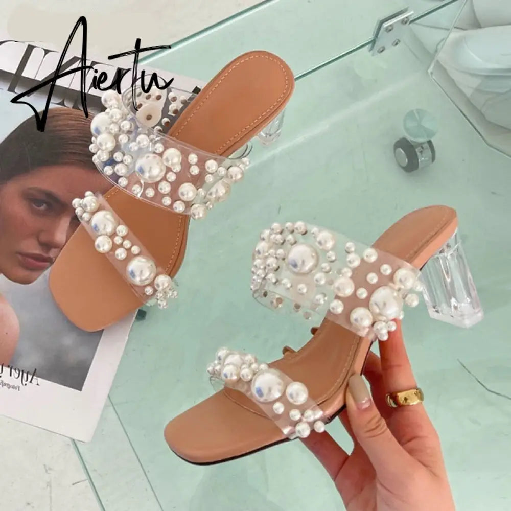 Aiertu New Transparent PVC String Bead Shoes Woman Fashion Open Toe Slippers Crystal Perspex Heels Slides Beach Sandale Femme Aiertu