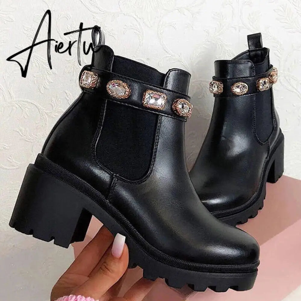 Aiertu  New Women Ankle Boots Crystal Rhinestone Slip On Platform PU Leather Women's Booties Spring Autumn Females Footwear Plus Si Aiertu