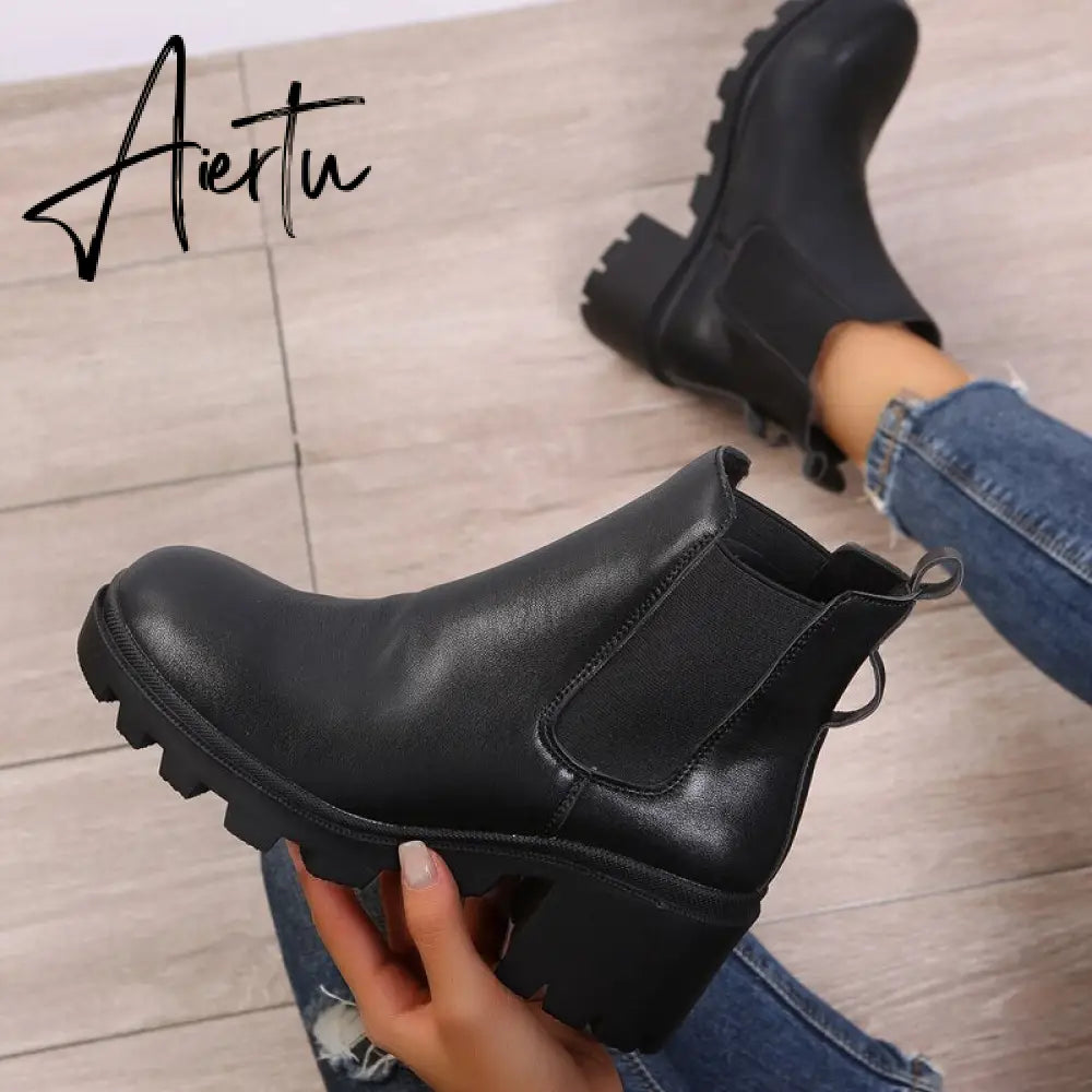 Aiertu  New Women Ankle Boots Crystal Rhinestone Slip On Platform PU Leather Women's Booties Spring Autumn Females Footwear Plus Si Aiertu