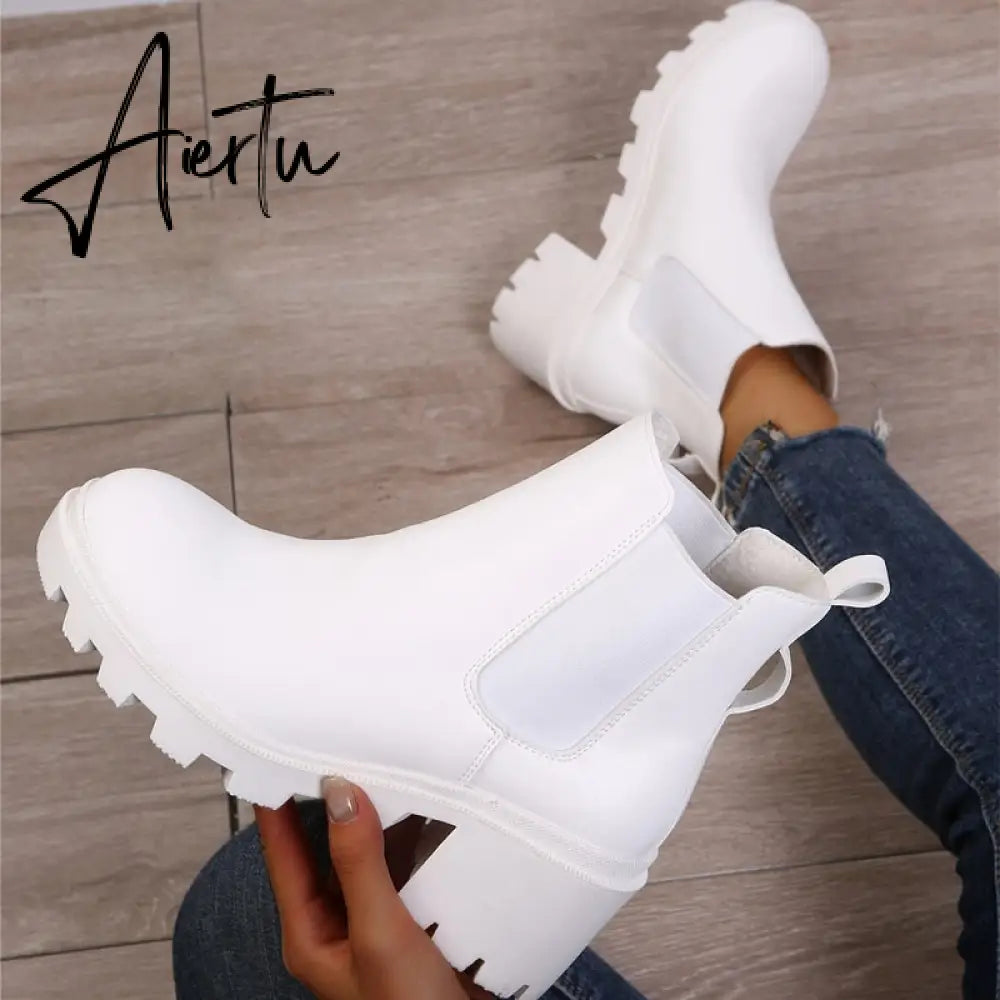 Aiertu  New Women Ankle Boots Crystal Rhinestone Slip On Platform PU Leather Women's Booties Spring Autumn Females Footwear Plus Si Aiertu