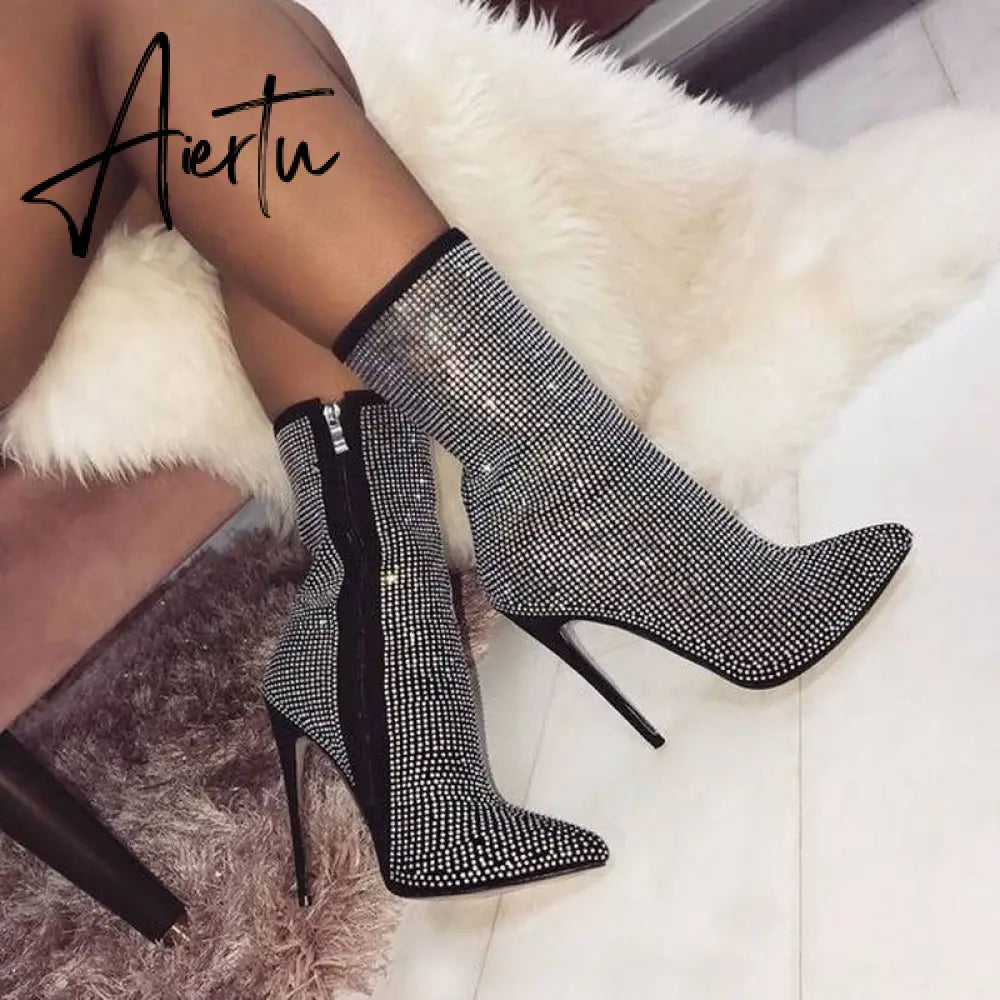 Aiertu New Women  Ankle Boots Plus Size 35-42 Rhinestones High Heels Shoes Woman Zip Pointed Toe Sexy Motorcycle Boots for Females Aiertu