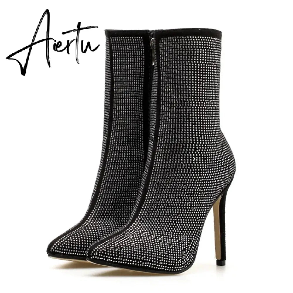 Aiertu New Women  Ankle Boots Plus Size 35-42 Rhinestones High Heels Shoes Woman Zip Pointed Toe Sexy Motorcycle Boots for Females Aiertu