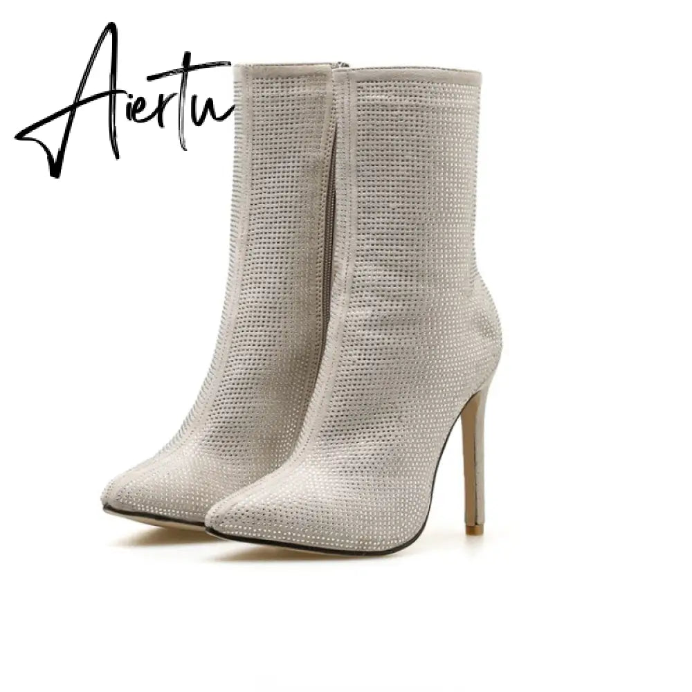 Aiertu New Women  Ankle Boots Plus Size 35-42 Rhinestones High Heels Shoes Woman Zip Pointed Toe Sexy Motorcycle Boots for Females Aiertu