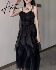 Aiertu NEW Women Gothic Ruffle autumn Sleeveless Midi Dress Mesh Party Dress Female Solid prom Dress vestidos para Aiertu